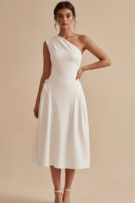 White A-Line One Shoulder Midi Engagement Dress with Bow