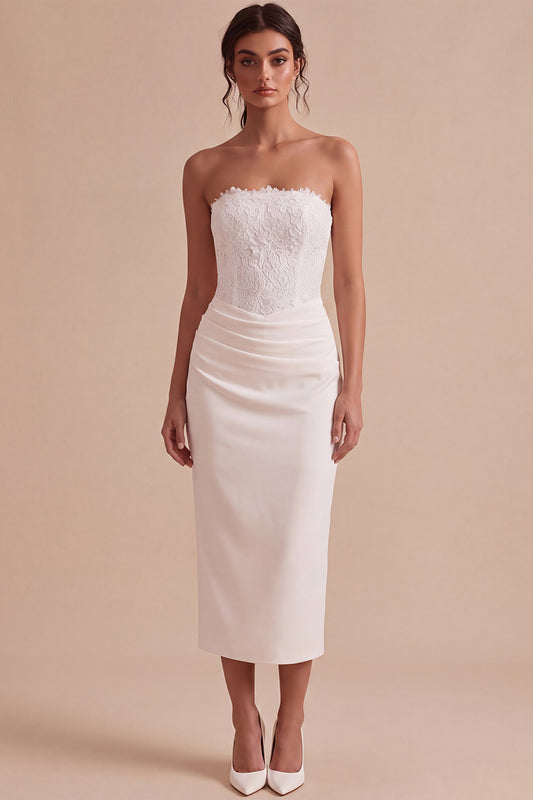 White Sheath Strapless Ruched Midi Engagement Dress with Lace
