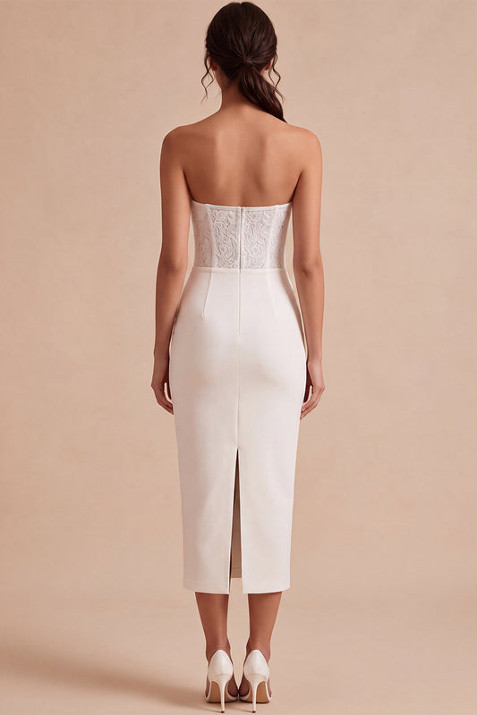White Sheath Strapless Ruched Midi Engagement Dress with Lace