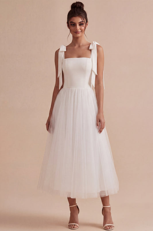 White A-Line Tulle Midi Boho Engagement Dress with Bows