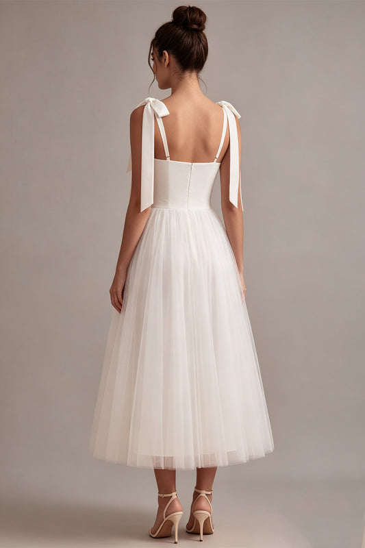 White A-Line Tulle Midi Boho Engagement Dress with Bows