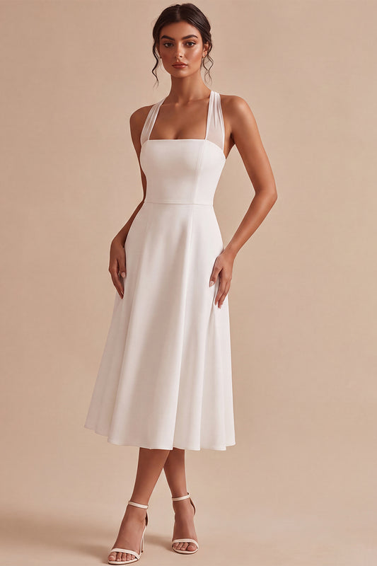 Simple White A-Line Halter Midi Beach Engagement Dress