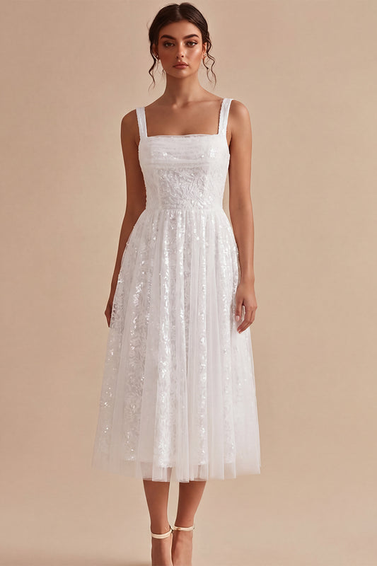 Sparkly White A-Line Square Neck Sequins Midi Boho Engagement Dress