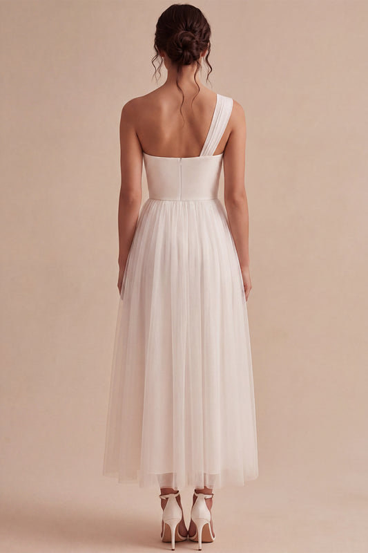 White A-Line One Shoulder Ruched Midi Boho Engagement Dress