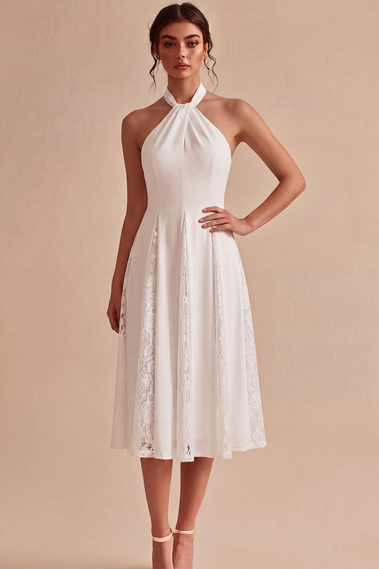 White A-Line Halter Ruched Midi Beach Engagement Dress with Lace