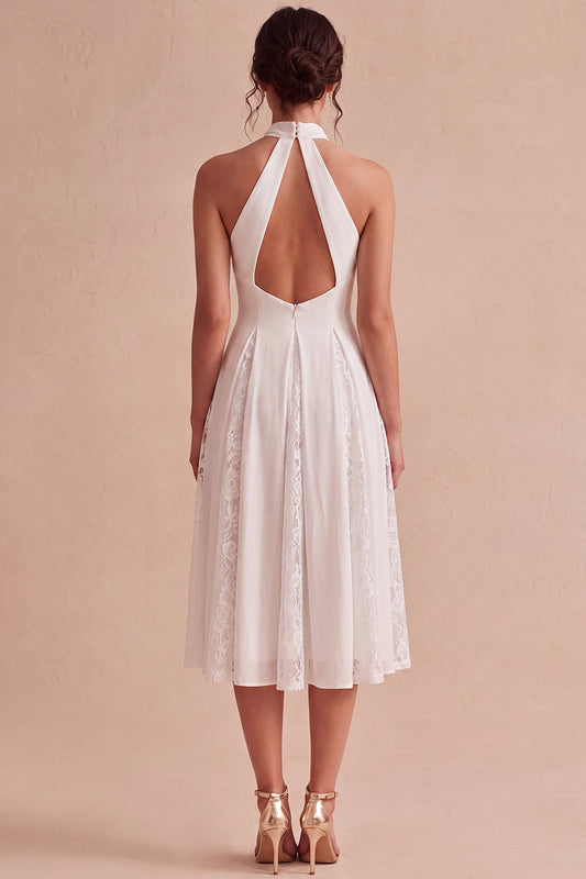 White A-Line Halter Ruched Midi Beach Engagement Dress with Lace