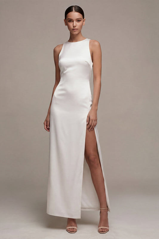 White Satin Sheath Round Neck Long Engagement Dress with Slit