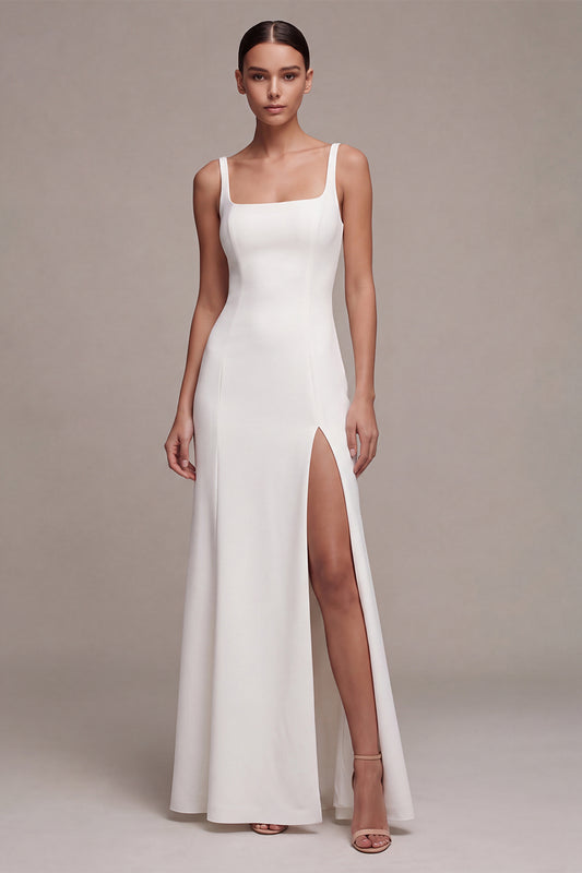 Simple White Satin Mermaid Square Neck Long Engagement Dress with Slit