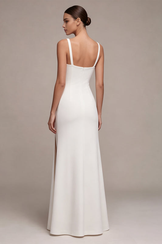 Simple White Satin Mermaid Square Neck Long Engagement Dress with Slit