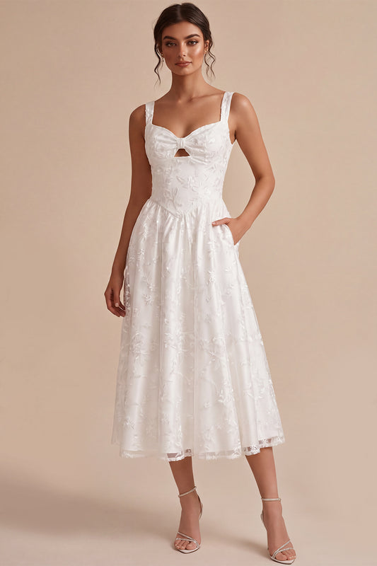 White Jacquard A-Line Keyhole Midi Boho Engagement Dress with Pockets