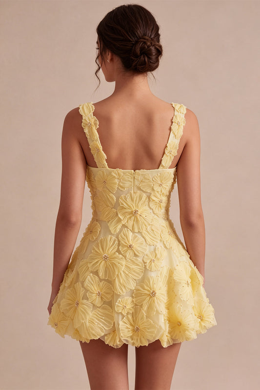 Light Yellow A-Line Mini Beaed Bubble Homecoming Dress with Flowers