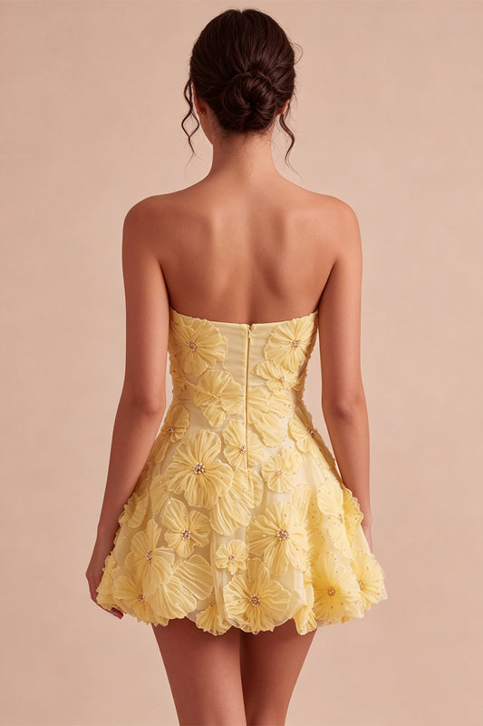 Light Yellow A Line Beaded Short Homecoming Dress with 3D Flowers