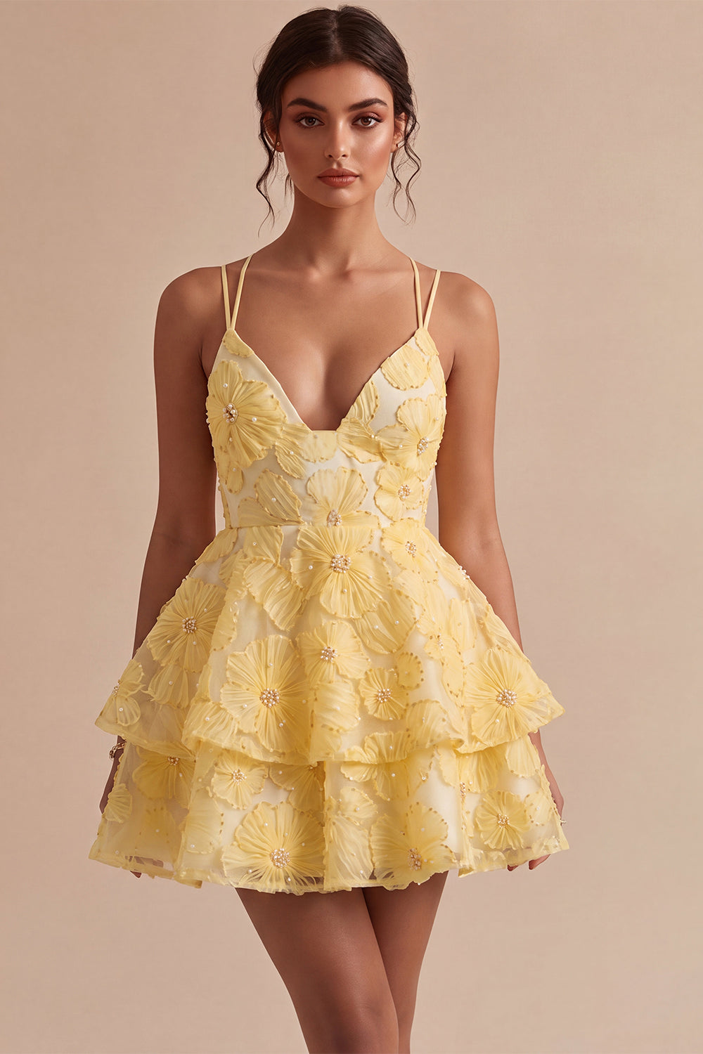 ZAPAKA Women Light Yellow Homecoming Dress Tiered Beaded A-Line Floral Spaghetti Straps Short Cocktail Dress, Yellow / US16W