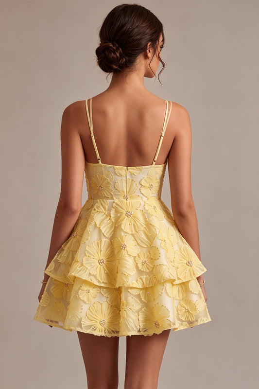 Light Yellow Floral A Line Mini Beaded Tiered Ruffled Homecoming Dress