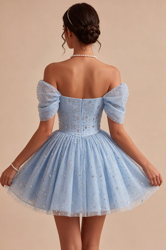 A Line Sky Blue Sparkly Beaded Short Homecoming Dress