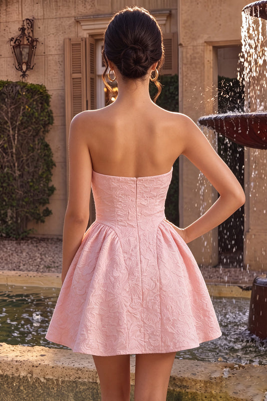 Pink A Line Strapless Jacquard Short Homecoming Dress