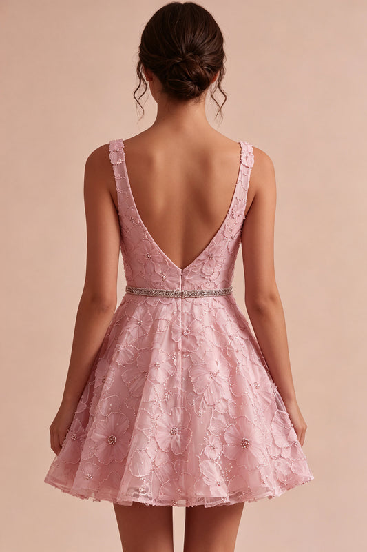 Floral Pink A Line Beaded V-Neck Short Homecoming Dress