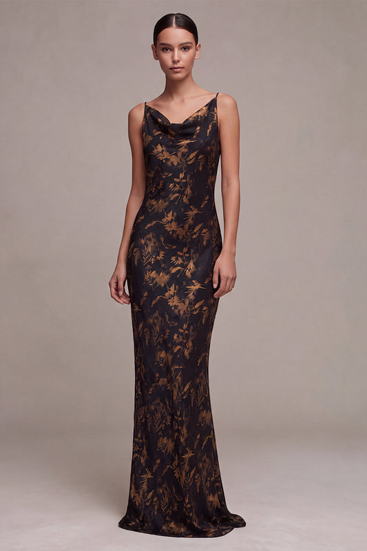 Floral Black Cowl Neck Mermaid Long Formal Dress