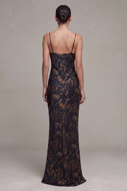 Floral Black Cowl Neck Mermaid Long Formal Dress