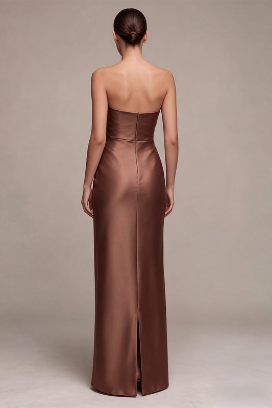 Coffee Satin Simple Strapless Sheath Ruched Long Formal Dress