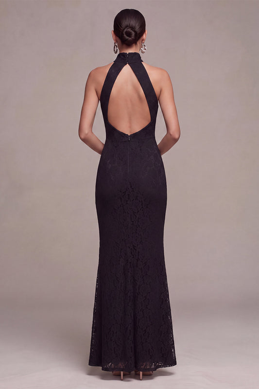 Lace Black Halter Mermaid Long Formal Dress