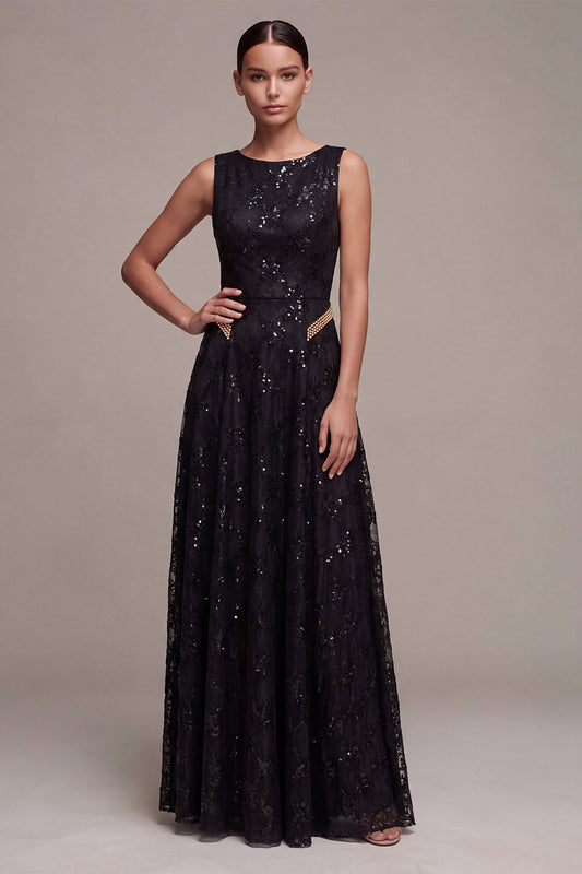 A Line Black Sparkly Sequin Boat Neck Long Formal Dress