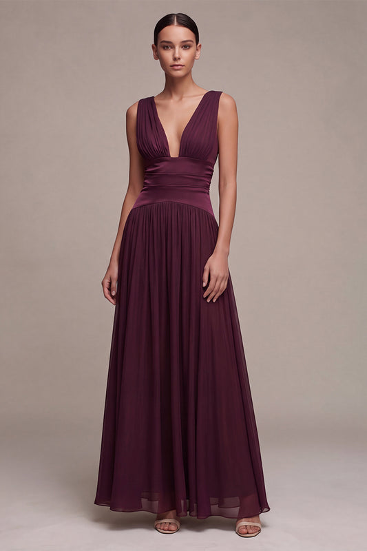 A Line Burgundy Chiffon Pleated V-Neck Long Formal Dress