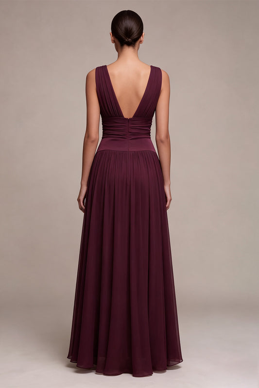 A Line Burgundy Chiffon Pleated V-Neck Long Formal Dress