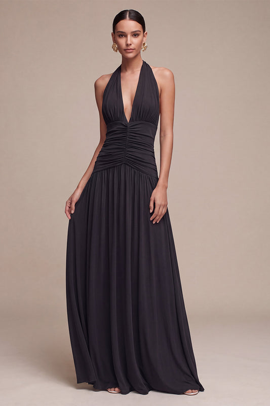 Black A Line Pleated Halter Chiffon Long Formal Dress