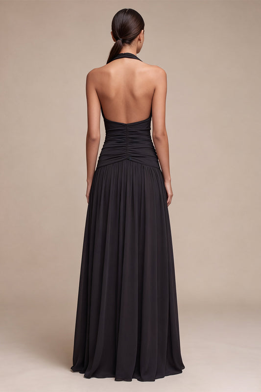 Black A Line Pleated Halter Chiffon Long Formal Dress