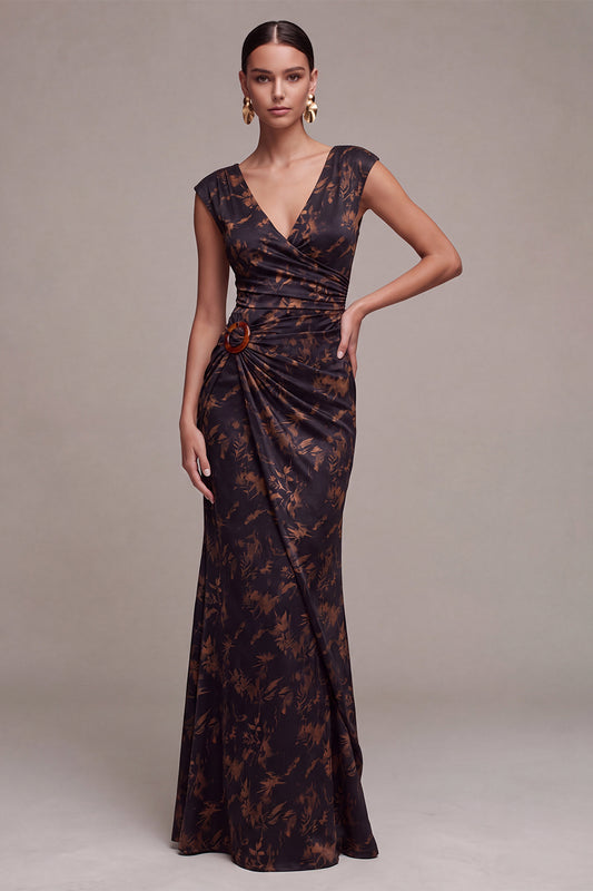 Black Floral Mermaid Ruched V-Neck Long Formal Dress