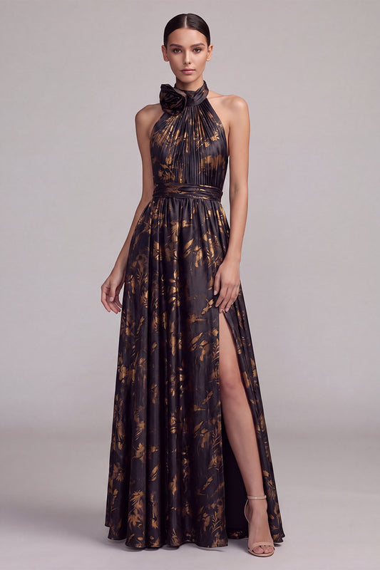 Floral Black Halter A Line Pleated Long Formal Dress with Slit