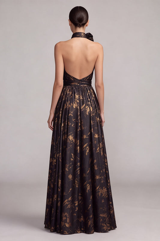 Floral Black Halter A Line Pleated Long Formal Dress with Slit