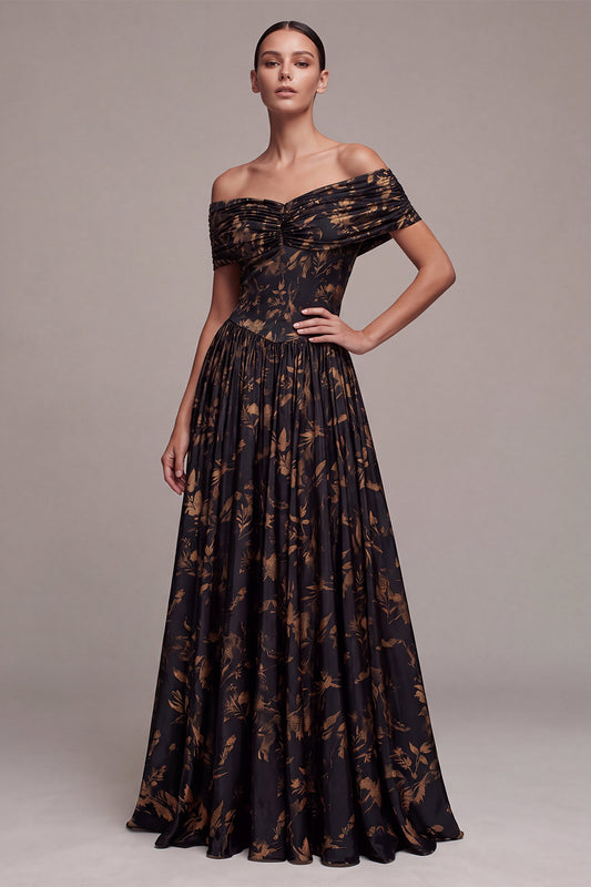 A Line Black Floral Off the Shoulder Pleated Long Formal Dress