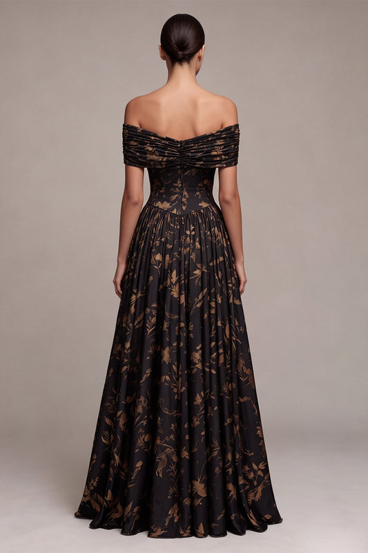 A Line Black Floral Off the Shoulder Pleated Long Formal Dress