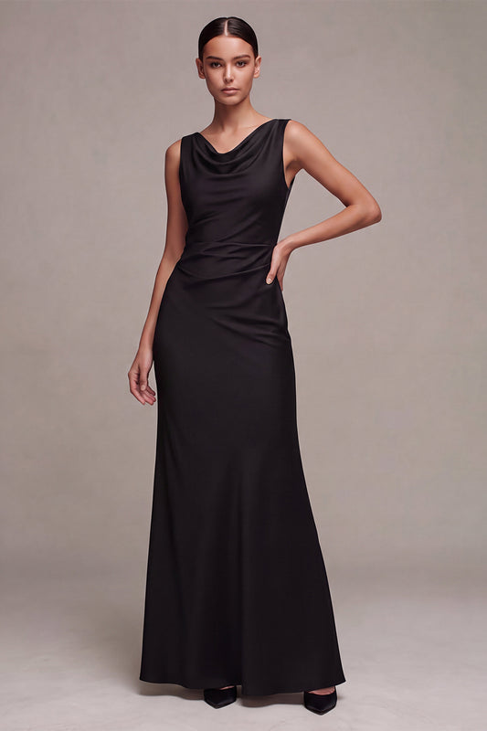 Simple Black Mermaid Cowl Neck Long Formal Dress