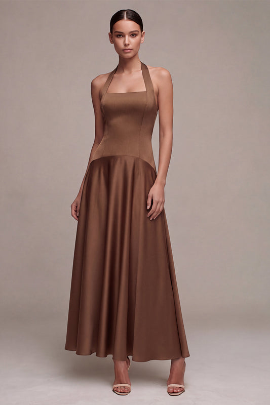 A Line Coffee Satin Simple Halter Long Formal Dress