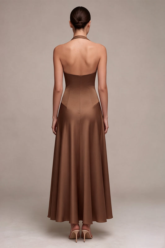 A Line Coffee Satin Simple Halter Long Formal Dress