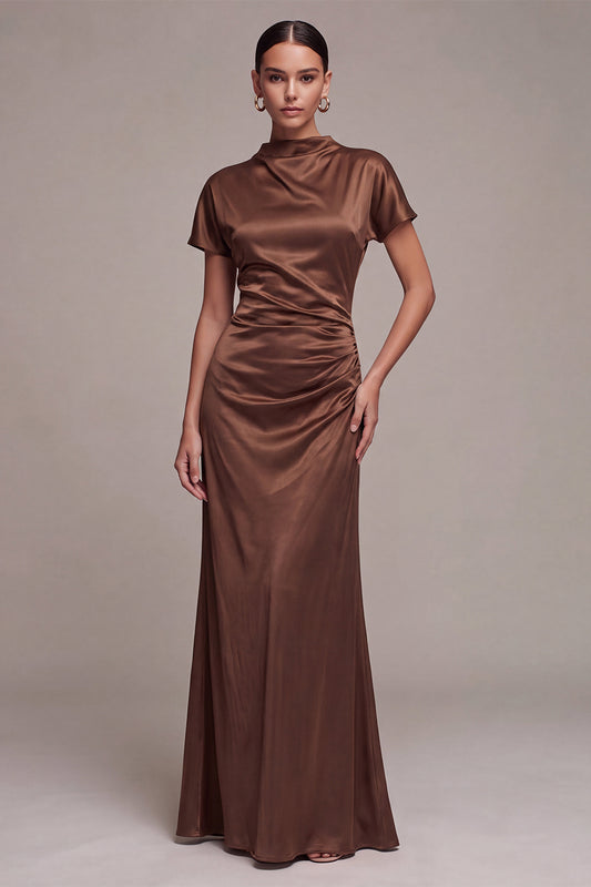 Coffee Satin Mermaid Ruched Long Formal Dress with Sleeves