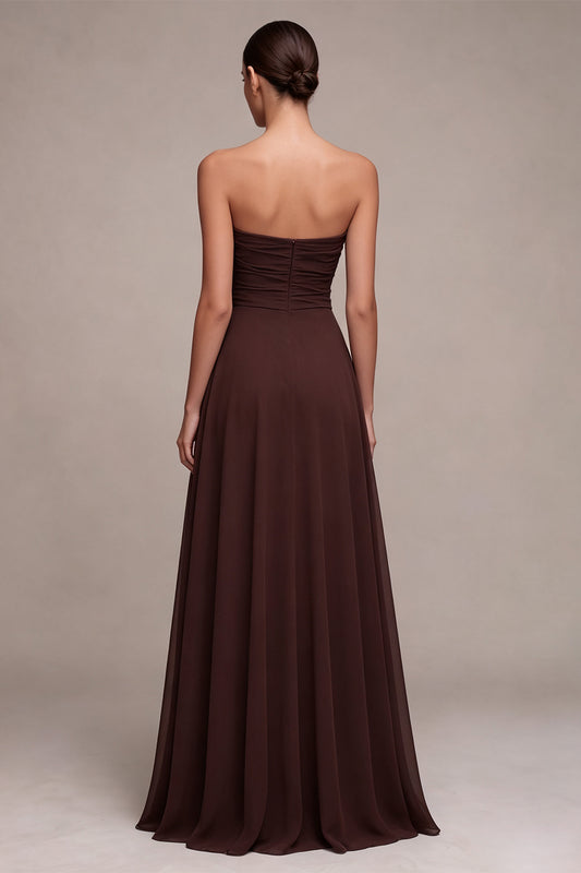 Dark Coffee A Line Strapless Ruched Long Formal Dress