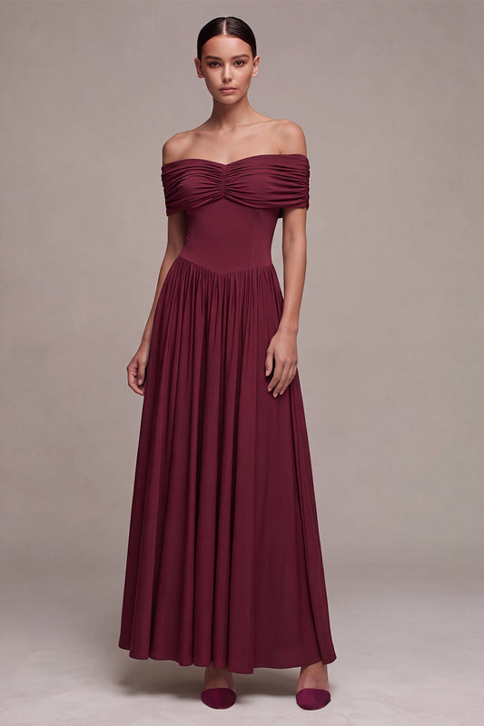 Burgundy A Line Off The Shoulder Pleated Long Formal Dress