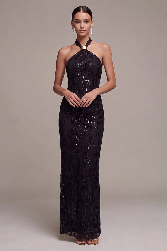 Black Mermaid Sparkly Sequin Halter Long Formal Dress