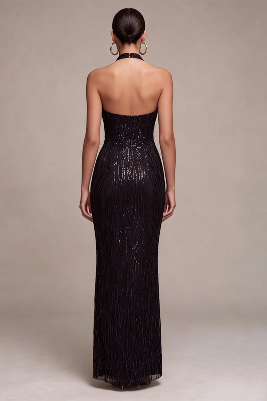Black Mermaid Sparkly Sequin Halter Long Formal Dress
