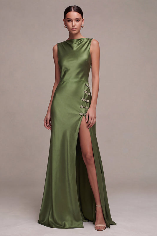 Olive Satin Simple Mermaid Bateau Neck Long Formal Dress with Slit