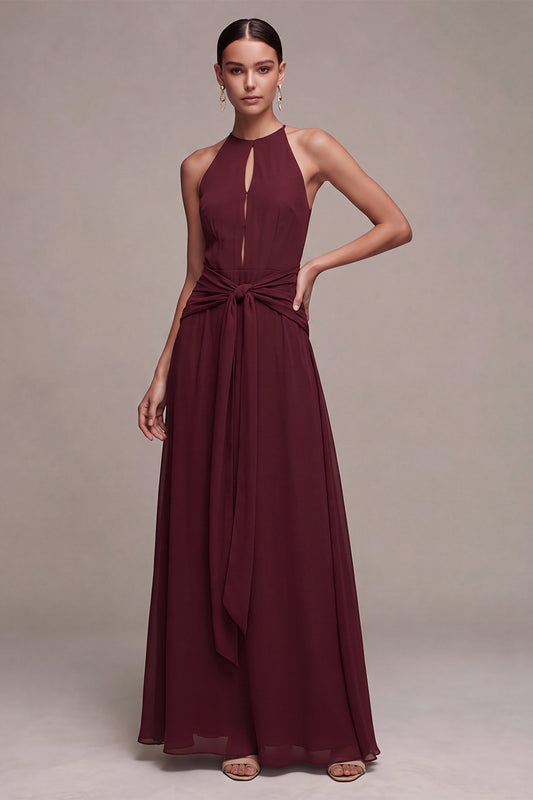 Burgundy A Line Chiffon Round Neck Keyholes Long Formal Dress with Sash
