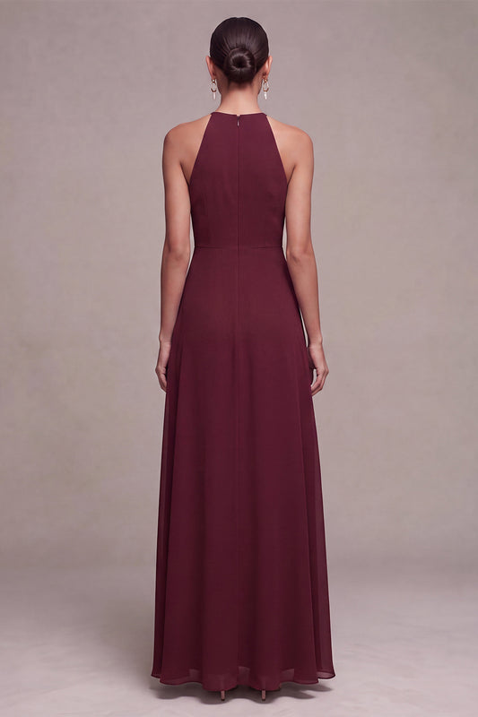 Burgundy A Line Chiffon Round Neck Keyholes Long Formal Dress with Sash