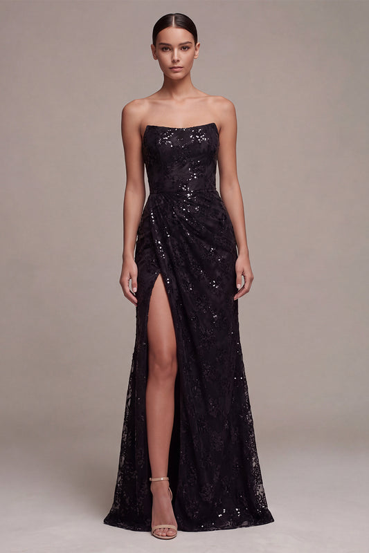 Sparkly Black Mermaid Sequin Strapless Long Formal Dress with Slit