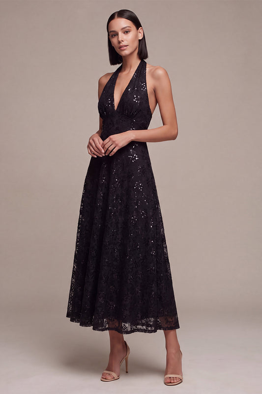 A Line Black Halter Sparkly Sequin Midi Formal Dress
