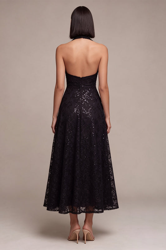 A Line Black Halter Sparkly Sequin Midi Formal Dress