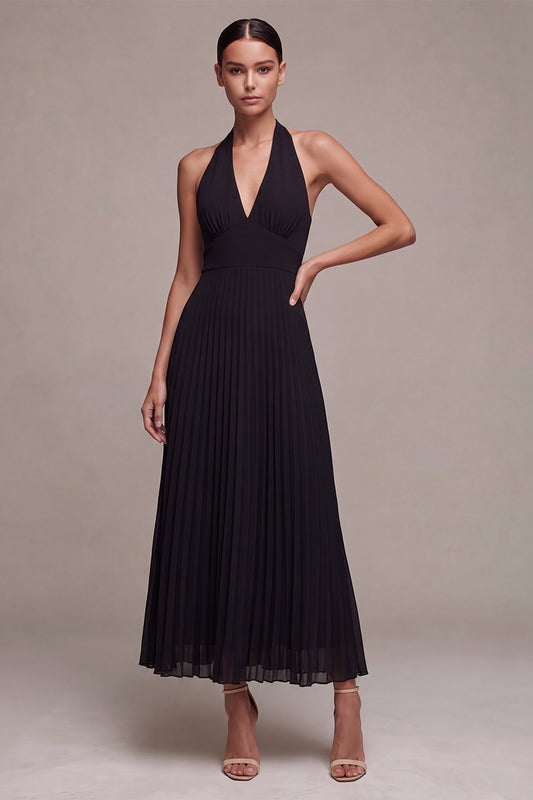Chiffon Black A Line Pleated Halter Long Formal Dress